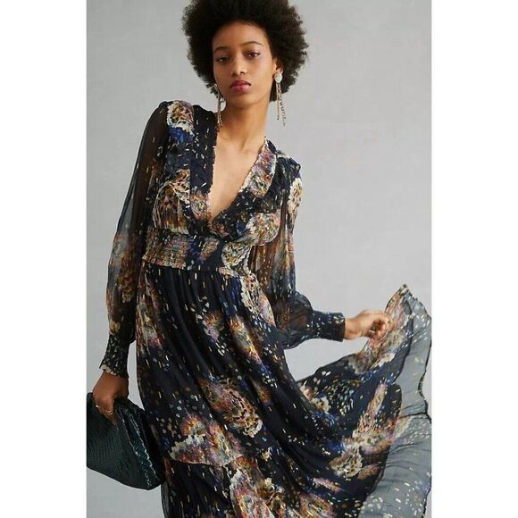 NWT ANTHROPOLOGIE Sz XSP SMOCKED V NECK MAXI DRESS - Picture 2 of 5